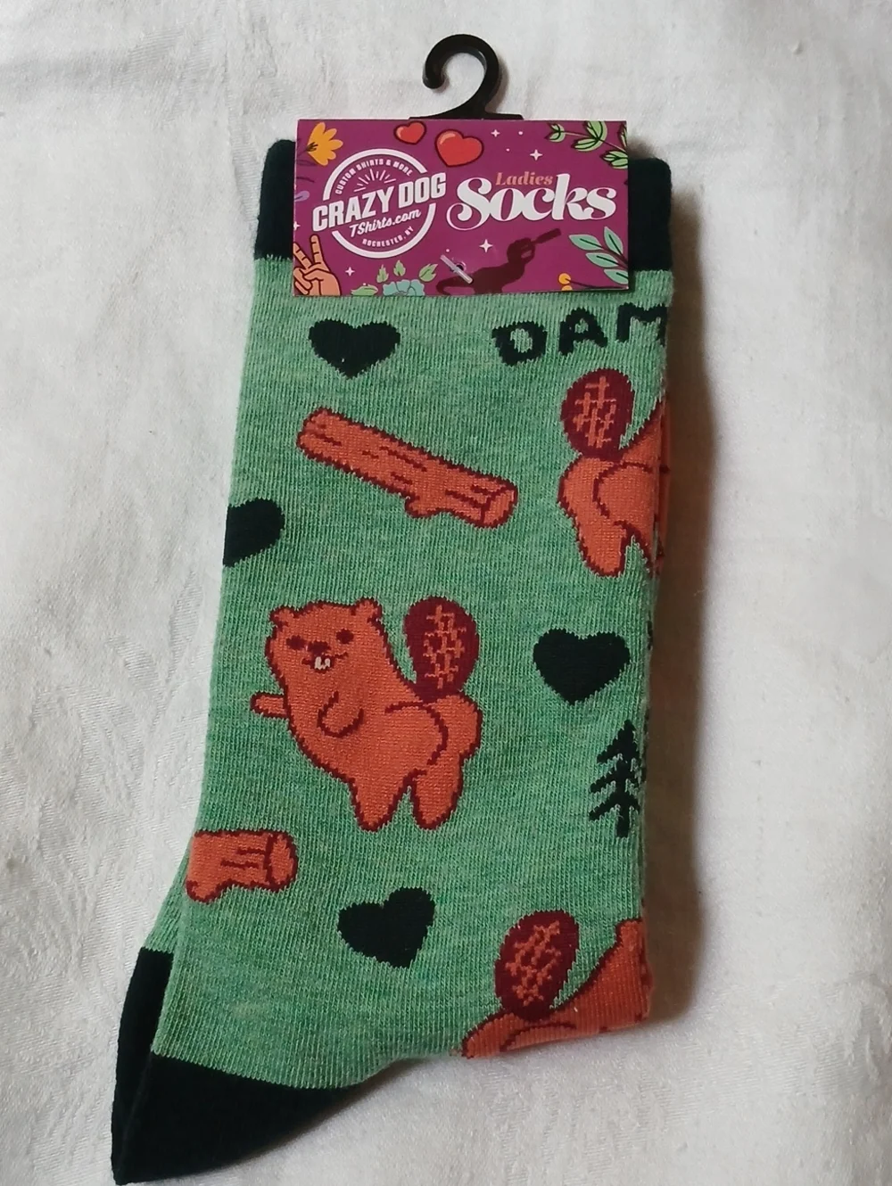 Crazy Dog T Shirts “Dam Girl” Beaver Socks Green Ladies Size 9-11